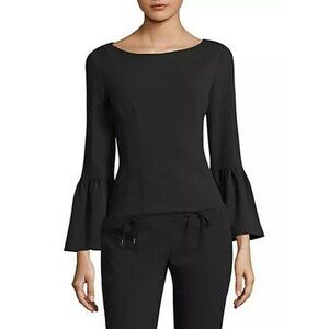 Tibi Crepe Boat Neck Black 3/4 Sleeve Blouse Flare Bell Sleeve Top Office Career